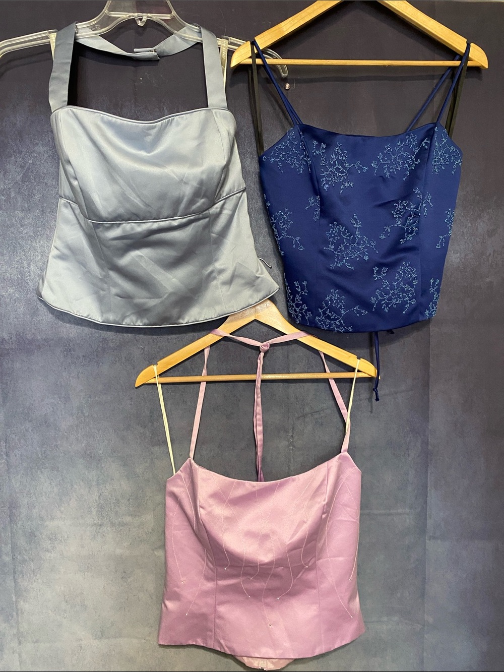 Satin & Embroidered Camisole Trio — Navy, Light Gray/Blue, Pink